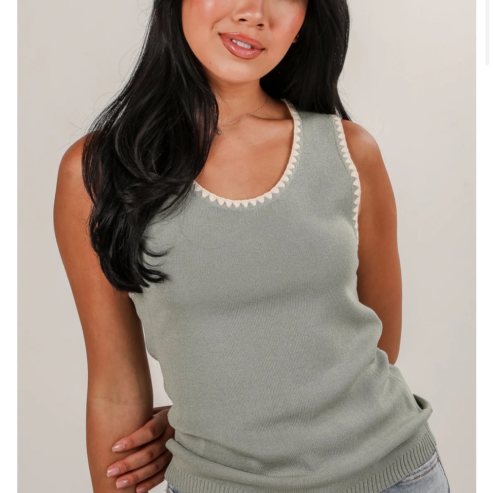 Sage Green Knit Tank with Cream Trim